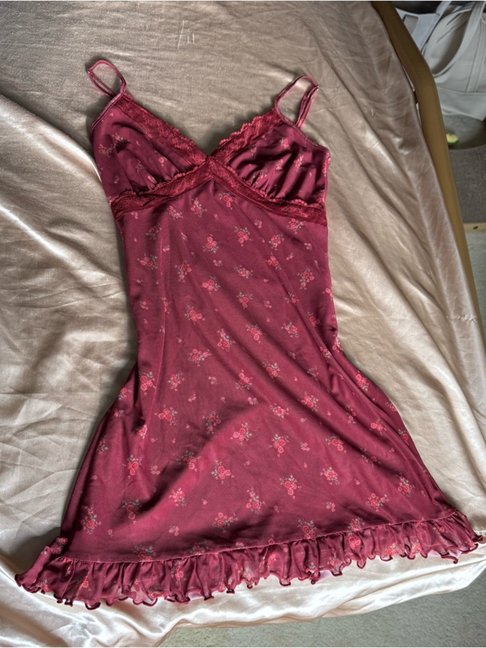 Women's Burgundy Floral Satin Dress